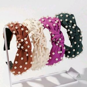 Plain headbands with multicolored knot design with pearls set of 4